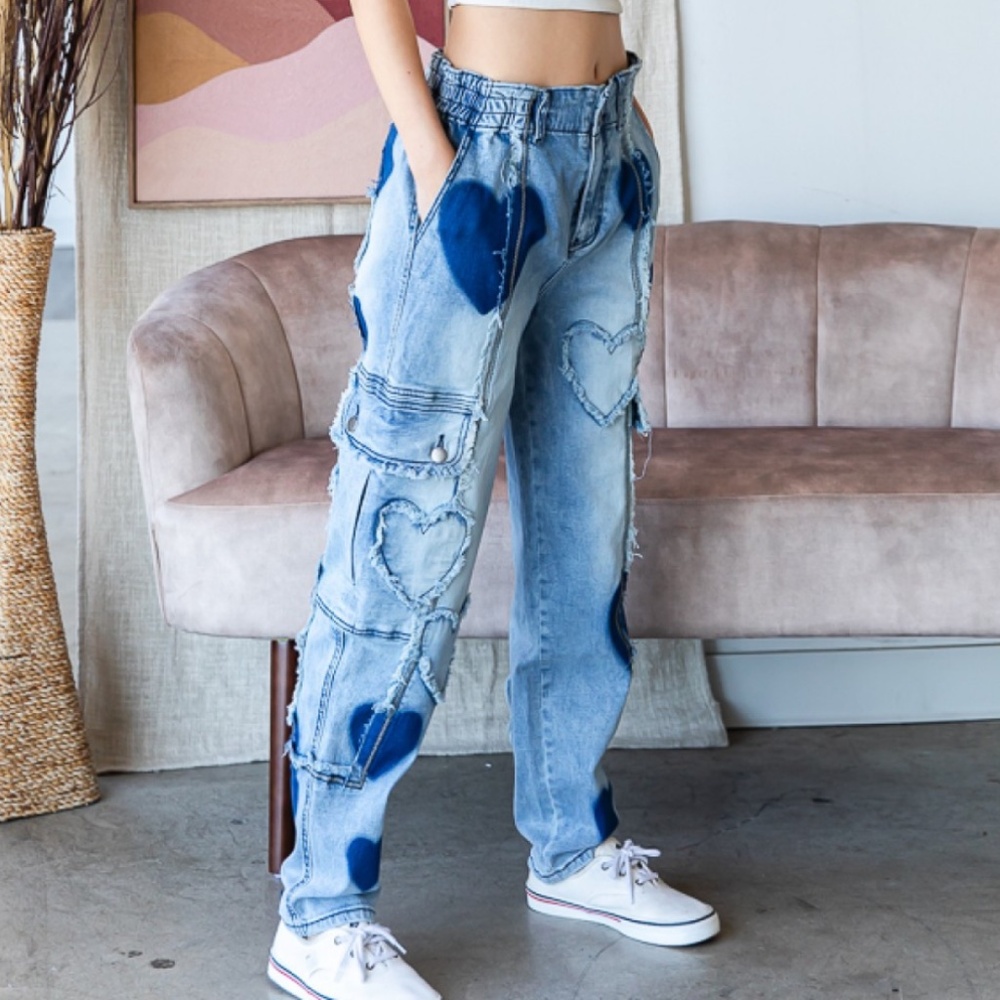 Oli & Hali Light Wash Denim Joggers with Blue Heart Accents - Picture 3 of 7